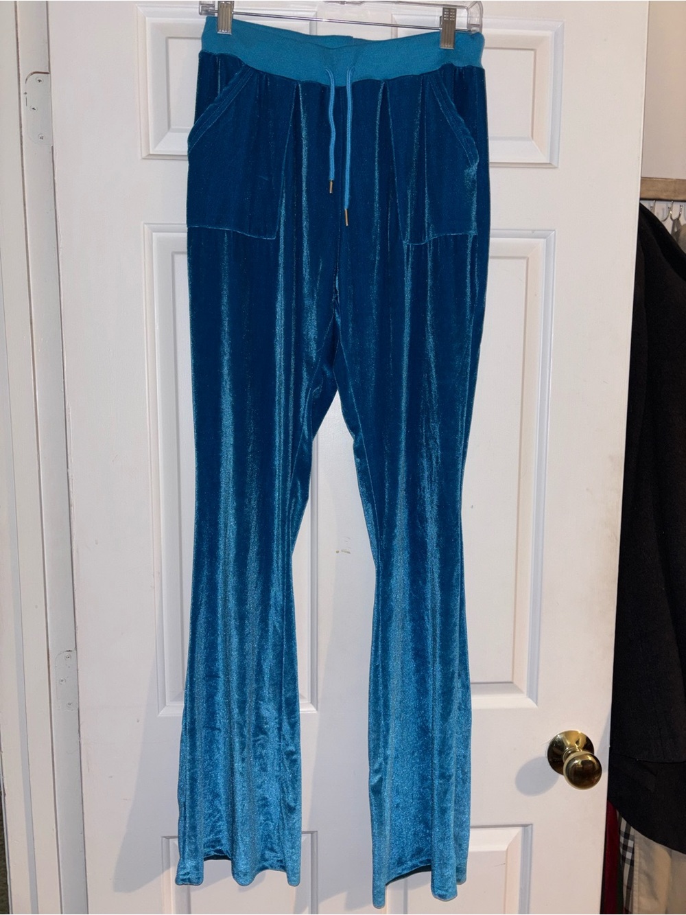 Teal Blue Velvet Lounge Pants - Drawstring Waist